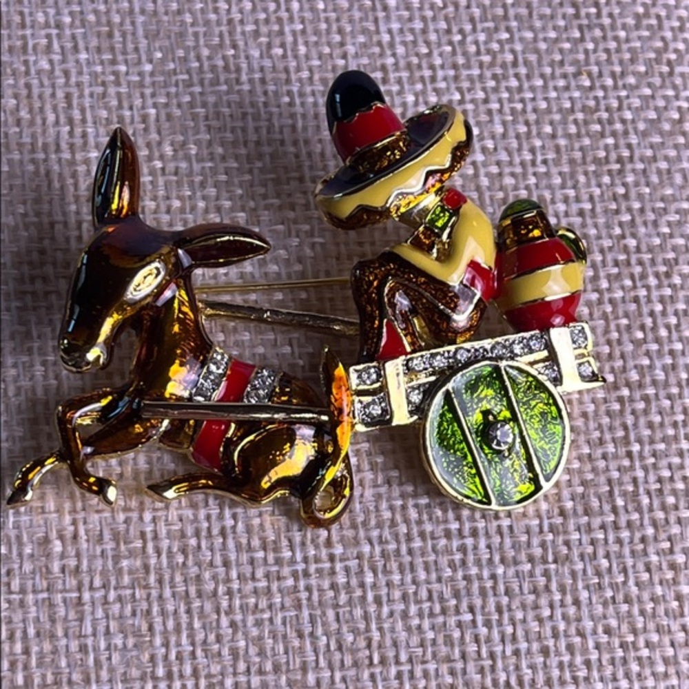 D'Orlan Mexican Donkey Cart Vintage Figural Costume Brooch